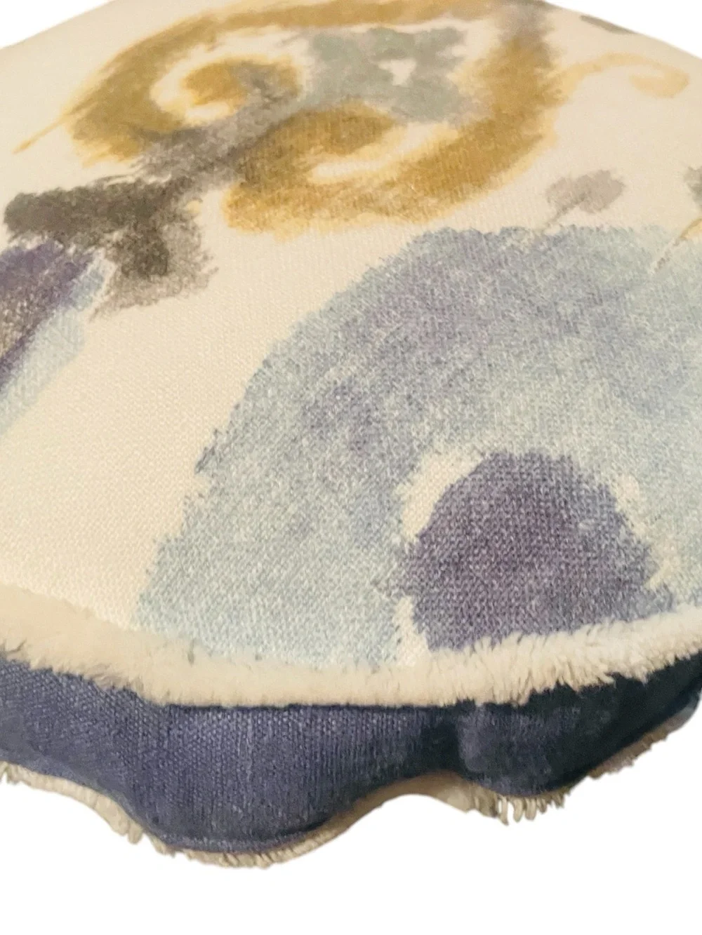 Round Abstract Coastal Accent Pillow Blue Gold Ivory Designer Throw Pillow
